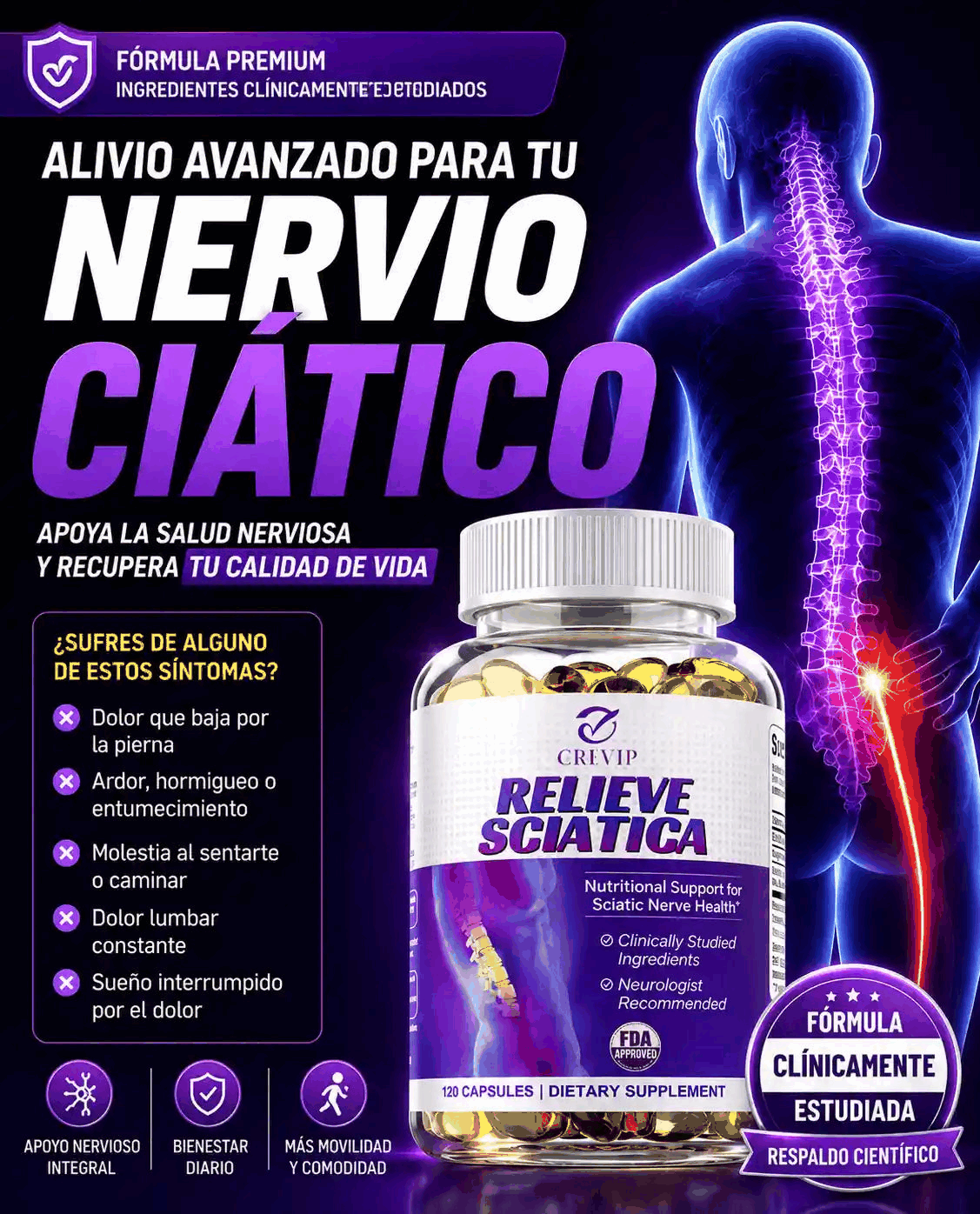 Alivio Ciática 120 Cápsulas - Mejora la Salud Nerviosa - Imagen 1